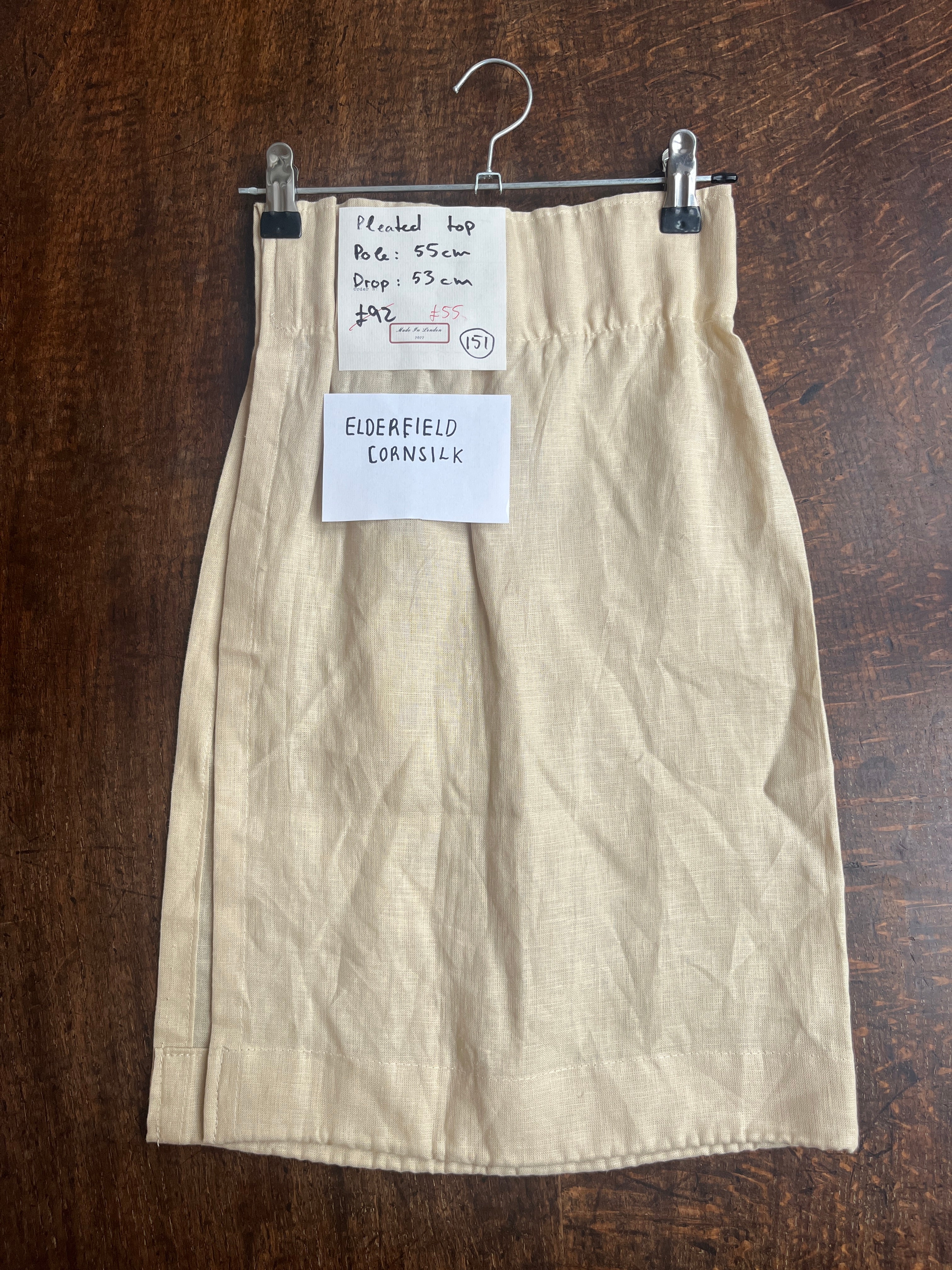 Cafe curtain 151 - pleated top - elderfield cornsilk - Pole Width 55cm x Drop 53cm